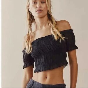 Free People Black Smocked Top